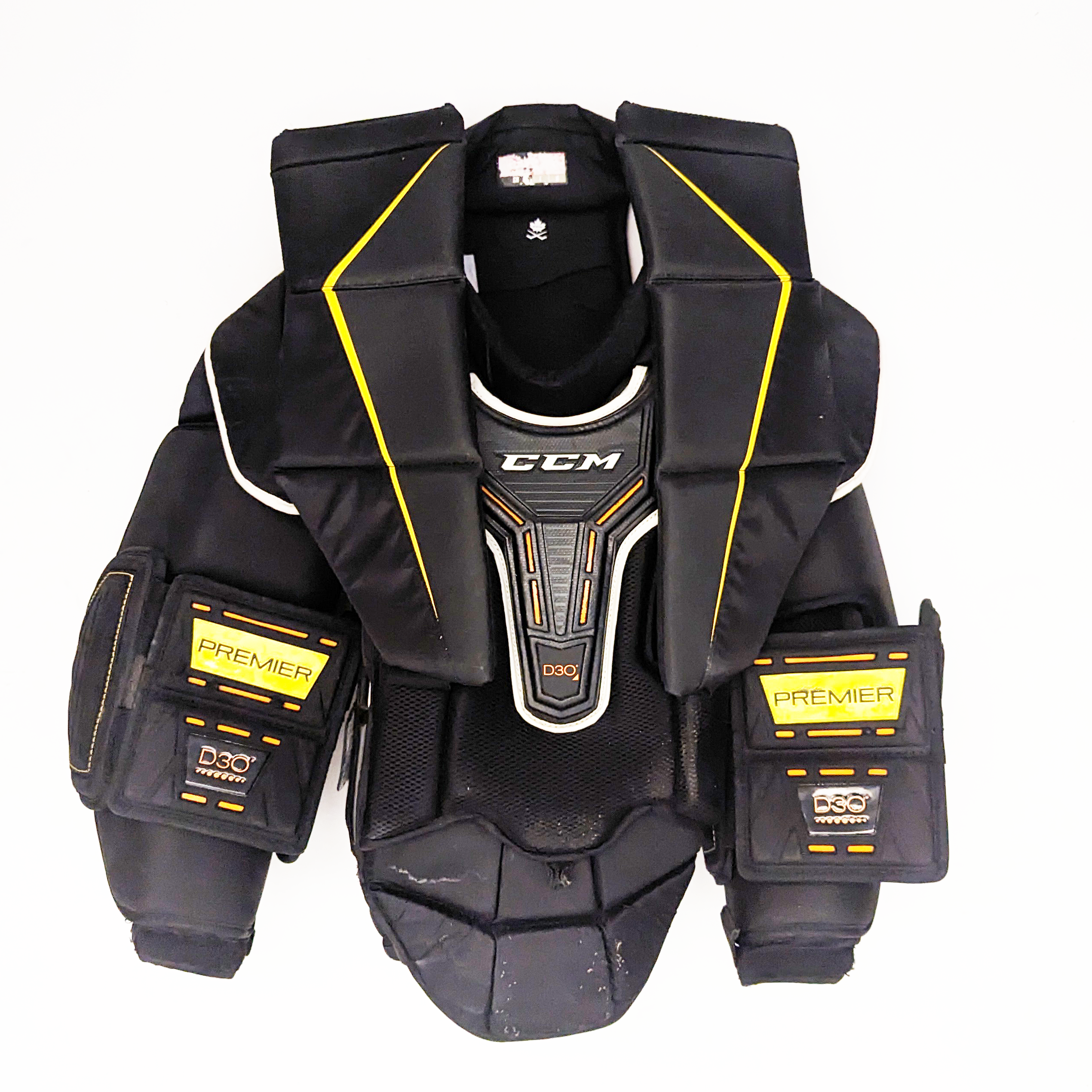 CCM Axis - Plastron de gardien de but Pro Stock d'occasion avec bras Premier (noir/jaune)